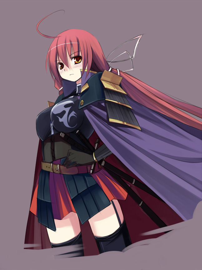 ahoge armor cape long_hair oda_nobunaga_(sengoku_hime) red_hair sengoku_hime seo_tatsuya solo sword thighhighs weapon