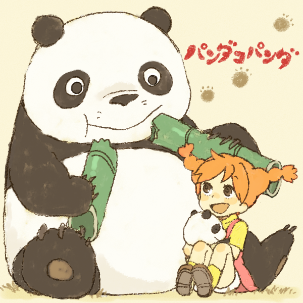 animal bamboo braid brown_eyes eating mimiko orange_hair panda panda_kopanda smile twin_braids yukke