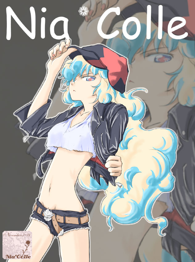 belt_buckle breasts buckle chiaki_lsd cloud_hair comic_sans crop_top crop_top_overhang denim denim_shorts hand_on_headwear hat jacket long_hair looking_down medium_breasts midriff multicolored_hair navel nia_teppelin open_clothes open_jacket short_shorts shorts solo tengen_toppa_gurren_lagann underboob zoom_layer