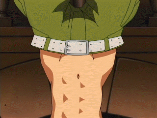 abs animated animated_gif arms_behind_head arms_up back belt black_shirt breasts crop_top downpants exercise gif_artifacts green_pants groin hands_clasped hands_on_own_head hips interlocked_fingers kaibutsu_oujo lowleg lowleg_pants lowres medium_breasts midriff navel own_hands_together pants red_hair riza_wildman screencap shadow shirt short_hair short_sleeves sit-up slender_waist solo studded_belt toned upside-down