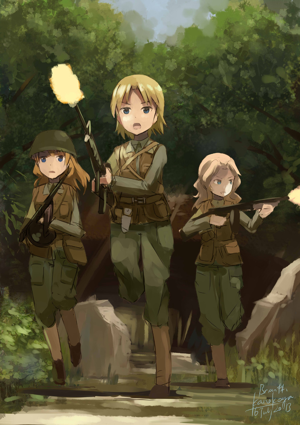 3girls artist_name assault_rifle blonde_hair blue_eyes brown_hair charlotte_e_yeager country_connection crossover dated day firing girls_und_panzer gun helmet highres kanokoga kay_(girls_und_panzer) load_bearing_vest long_hair m16a4 m16a4_(upotte!!) military military_uniform multiple_girls rifle running short_hair strike_witches submachine_gun thompson_submachine_gun tree uniform upotte!! weapon world_witches_series