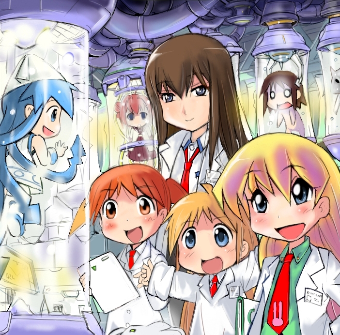 akaza_akari azumanga_daiou blonde_hair blue_eyes blue_hair brown_eyes brown_hair crossover ikamusume kill_me_baby labcoat long_hair makise_kurisu mihama_chiyo multiple_girls necktie nichijou oribe_yasuna pani_poni_dash! pink_hair professor_shinonome rebecca_miyamoto red_neckwear science shinryaku!_ikamusume short_hair stasis_tank steins;gate t2 trait_connection twintails yuru_yuri