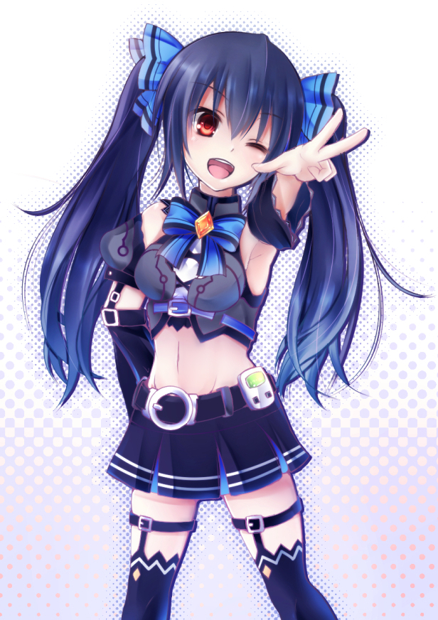 ;d armpits black_hair bow hair_bow kami_jigen_game_neptune_v long_hair midriff neptune_(series) noire one_eye_closed open_mouth red_eyes smile solo suishin_tenra twintails