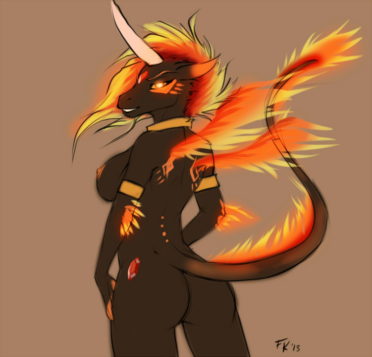 anthro back back_turned breasts butt demon equine female flames fluff-kevlar gem glowing glowing_eyes hair horn horse looking_at_viewer looking_back mammal nipples nude plain_background solo standing teeth wings