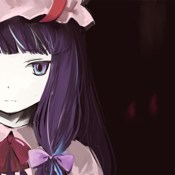 bangs blunt_bangs bow expressionless face hair_bow hat nonaka_yuu pale_skin patchouli_knowledge pink_bow purple_eyes purple_hair simple_background solo touhou