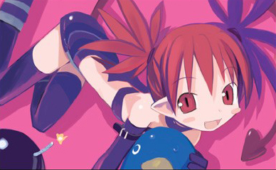 bomb boots demon_girl disgaea etna gloves happy harada_takehito lowres makai_senki_disgaea official_art pink_background pointy_ears prinny red_eyes red_hair solo tail thighhighs wings