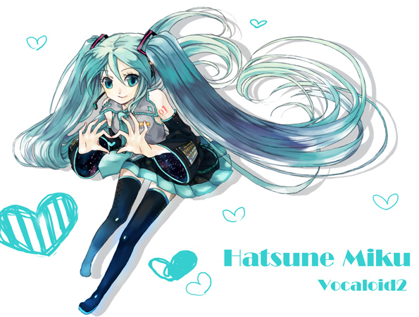 blue_eyes blue_hair boots detached_sleeves hatsune_miku heart heart_hands hisa long_hair solo thigh_boots thighhighs twintails very_long_hair vocaloid