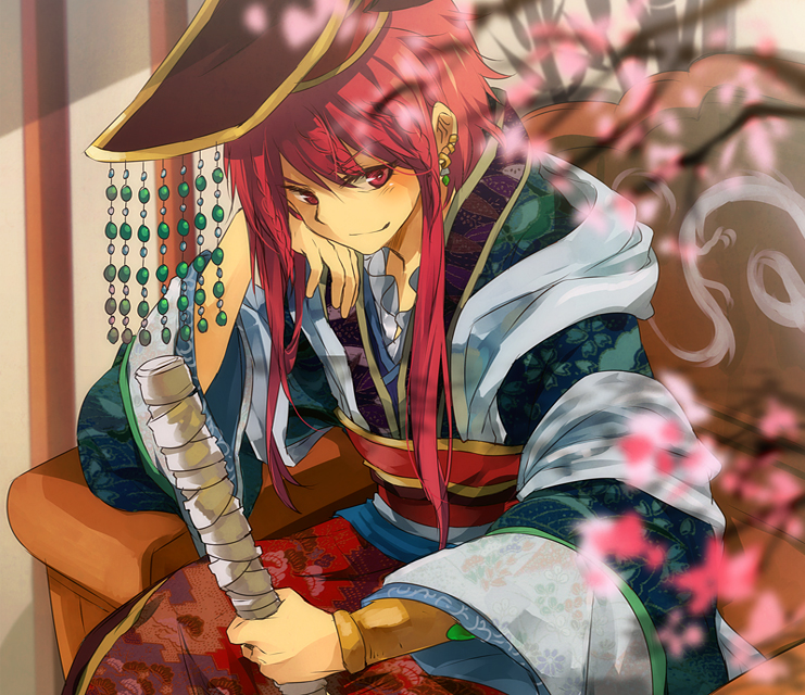 alternate_costume beads chinese_clothes crown hanfu hat looking_at_viewer magi_the_labyrinth_of_magic male_focus mian_guan nuriko-kun red_eyes red_hair ren_kouha sitting solo