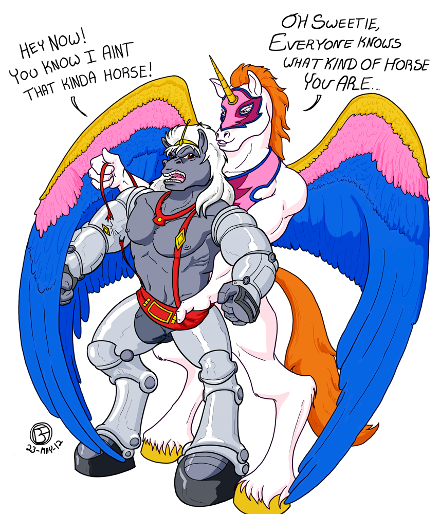abs armor beachfox biceps big_muscles bravestarr bulge dialog equine fondling gay grope horn horse male mammal mask masters_of_the_universe muscles pecs suspenders swift_wind text thirty_thirty unicorn