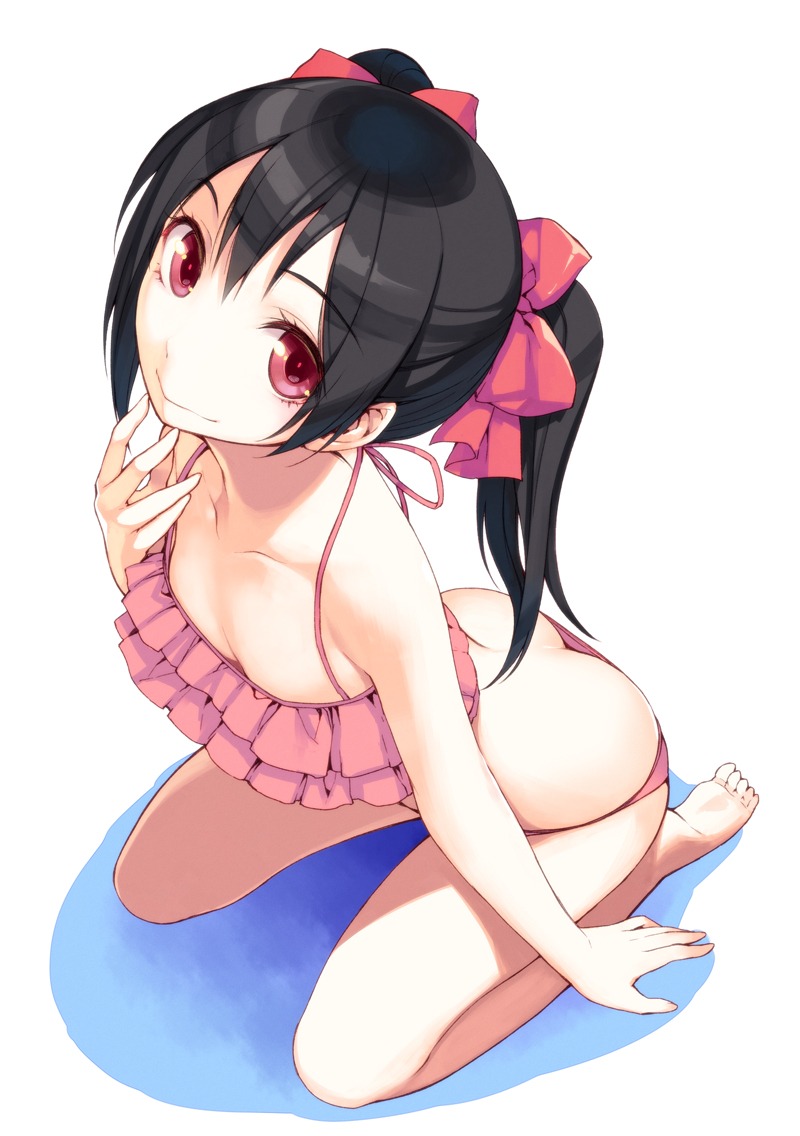 barefoot bikini black_hair blush bow butt_crack downblouse frilled_bikini frills full_body hair_bow hand_on_own_chin kimura_daisuke looking_at_viewer love_live! love_live!_school_idol_project red_eyes short_hair simple_background smile solo swimsuit twintails yazawa_nico