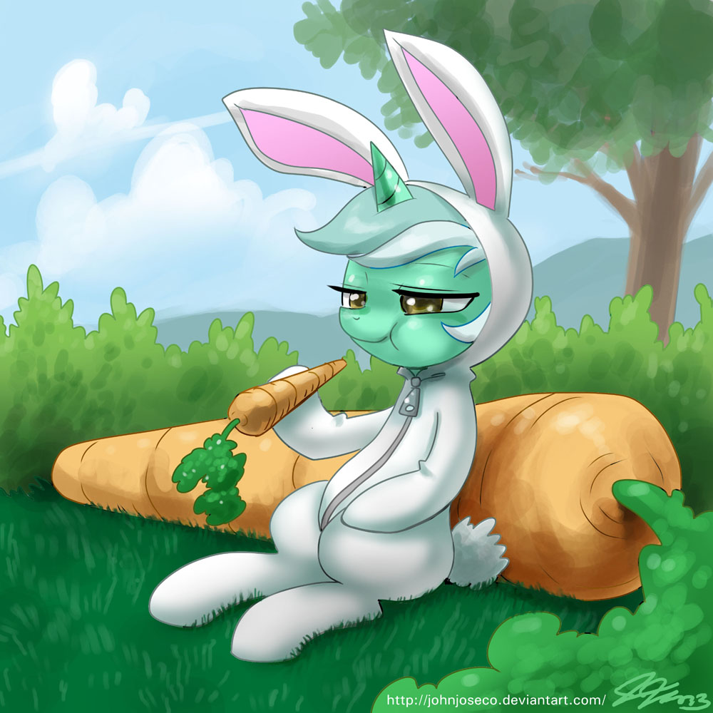 carros carrot cloud clouds costume cyan_body eating equine female feral fluffy_tail forest friendship_is_magic grass hair horn horse john_joseco lagomorph lyra_(mlp) lyra_heartstrings_(mlp) mammal my_little_pony outside pony rabbit sitting smile solo tree two_tone_hair unicorn yellow_eyes zipper