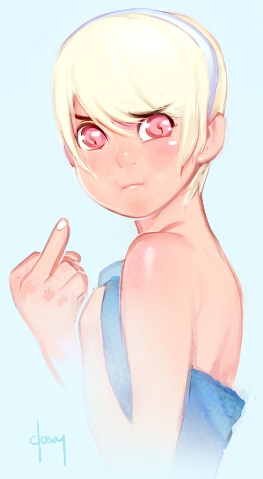 :t andgi androgynous bare_shoulders blonde_hair blush covering doxy hairband male_focus middle_finger naked_towel otoko_no_ko red_eyes short_hair solo towel trials_in_tainted_space