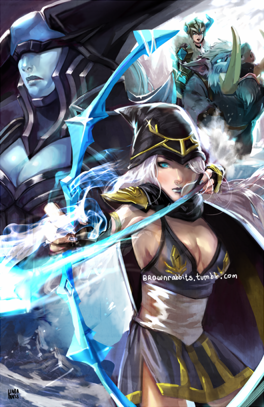 armor arrow ashe_(league_of_legends) blue_eyes blue_lipstick blue_nails blue_skin boar bow_(weapon) breasts bristle cape cleavage cleavage_cutout covered_eyes downscaled dress fur_trim helmet helmet_over_eyes hood horned_helmet league_of_legends linda_yan lipstick lissandra long_hair makeup md5_mismatch medium_breasts multiple_girls nail_polish pauldrons resized riding sash sejuani silver_hair weapon