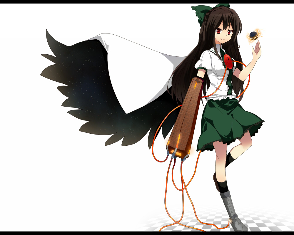 arm_cannon asymmetrical_clothes bad_id bad_pixiv_id black_hair black_sun bow cable cape checkered checkered_floor energy eyes hair_bow ika letterboxed long_hair mismatched_footwear red_eyes reiuji_utsuho smile solo standing standing_on_one_leg sun touhou weapon wings