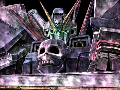 bad_pixiv_id crossbone_gundam crossbone_gundam_x-1 glowing glowing_eyes gundam lowres mecha no_humans skull_and_crossbones solo sword tro weapon