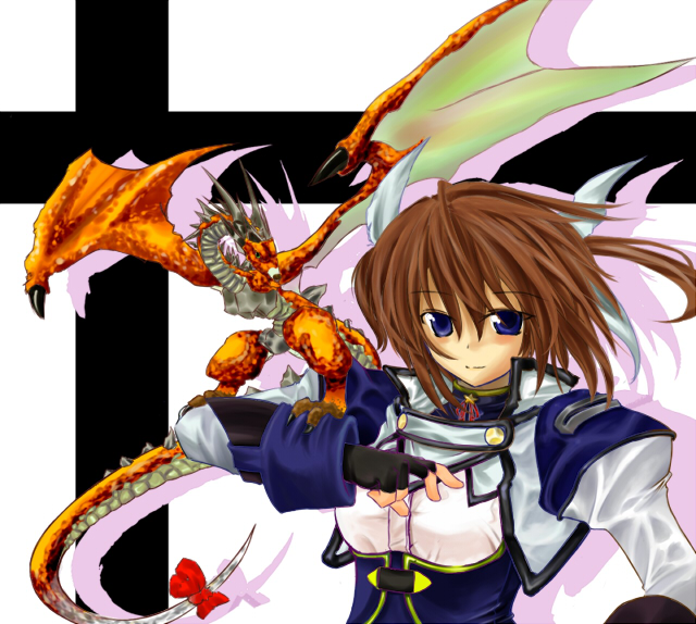 alternate_costume breastplate dragon fingerless_gloves gloves jacket long_sleeves looking_at_viewer lyrical_nanoha magical_girl mahou_shoujo_lyrical_nanoha monster on_shoulder open_clothes open_jacket red_hair scales short_hair solo takamachi_nanoha twintails upper_body wings