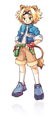animal_ears bandaid blonde_hair goggles green_eyes lion_(trickster) lowres male_focus shorts solo tail trickster