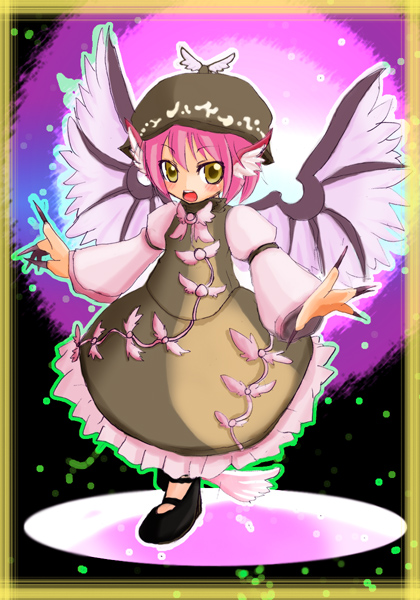 animal_ears bird_ears bird_wings border brown_dress brown_hat brown_nails dress eimin feathered_wings fingernails frilled_dress frills hat juliet_sleeves long_sleeves mary_janes mystia_lorelei nail_polish pink_hair puffy_sleeves sharp_fingernails shoes solo touhou winged_hat wings yellow_border yellow_eyes