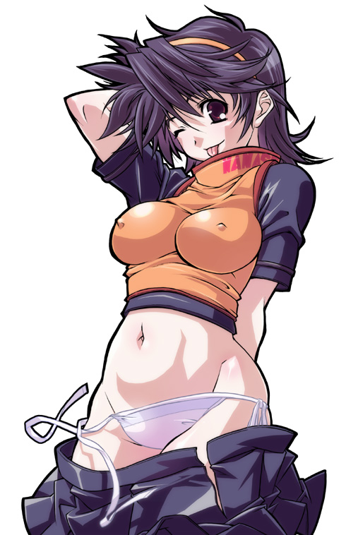 ;p breasts copyright_request covered_nipples hairband large_breasts one_eye_closed panties purple_hair rakko_(r2) red_eyes short_hair side-tie_panties solo tongue tongue_out underwear wardrobe_malfunction