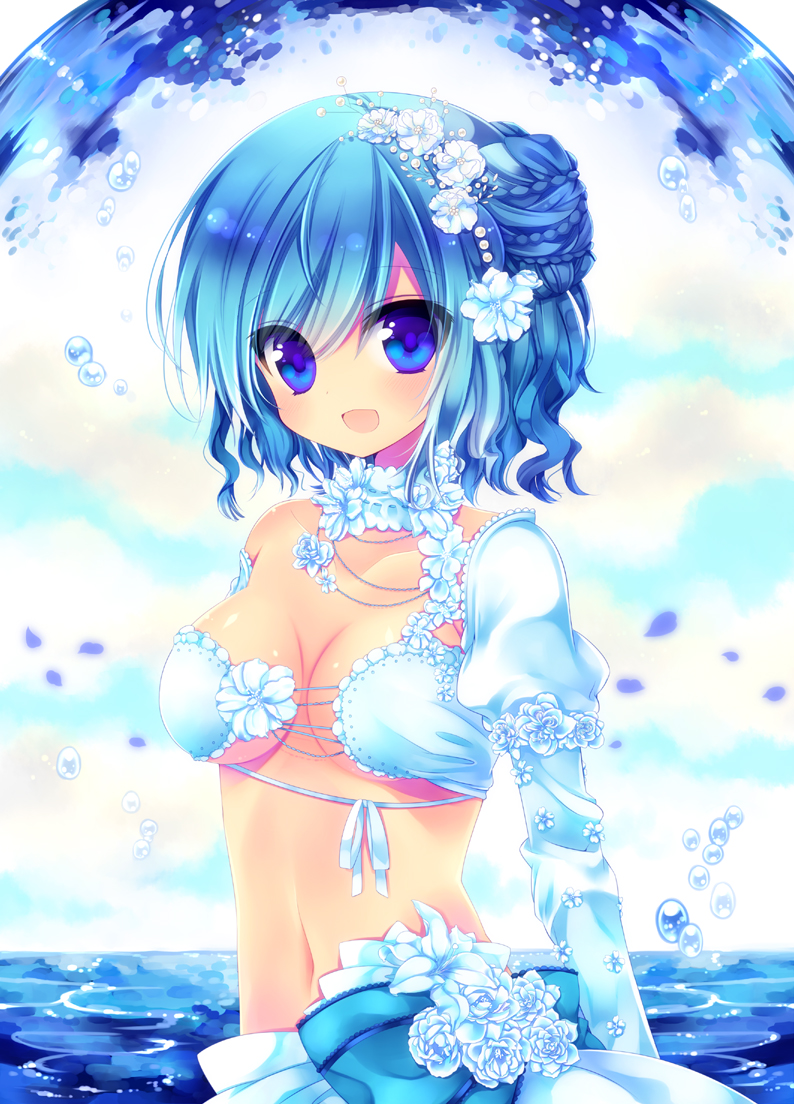 :d bandeau blue_eyes blue_hair breasts cleavage detached_sleeves dress flower front-tie_top half_updo konno_kengo medium_breasts navel open_mouth original petals rose short_hair smile solo water white_flower white_rose