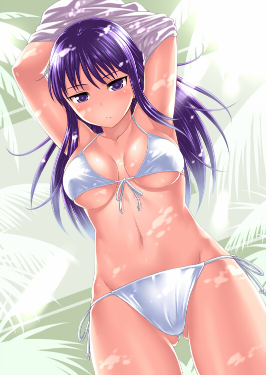 bikini long_hair malariya ono_misao purple_eyes purple_hair quiz_magic_academy solo swimsuit undressing