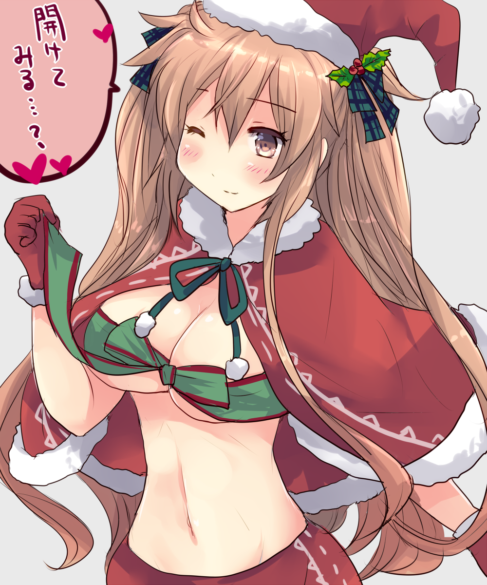 1girl bra breasts christmas cleavage gift_wrapping hair_ornament hairpin highres hirune_(konekonelkk) jacket kantai_collection long_hair medium_breasts mistletoe murasame_(kantai_collection) one_eye_closed speech_bubble stomach translation_request twintails underwear