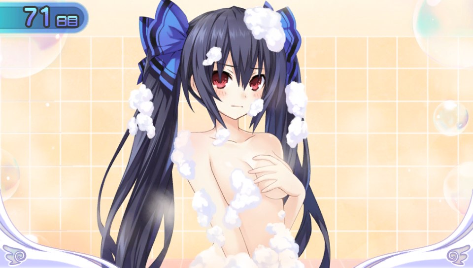 1girl bath bathing black_hair blush breasts bubble bubbles censored choujigen_game_neptune convenient_censoring covering covering_breasts long_hair neptune_(series) noire nude raised_hand red_eyes solo tsunako twintails very_long_hair