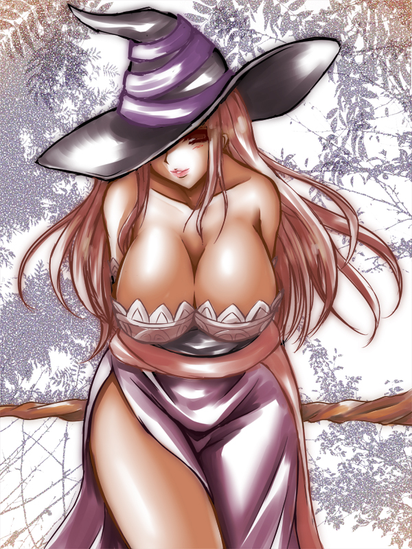 arms_behind_back bare_shoulders breasts cleavage dragon's_crown hat hat_over_one_eye large_breasts long_hair red_eyes red_hair sash solo sorceress_(dragon's_crown) staff suzuki_sakura witch_hat