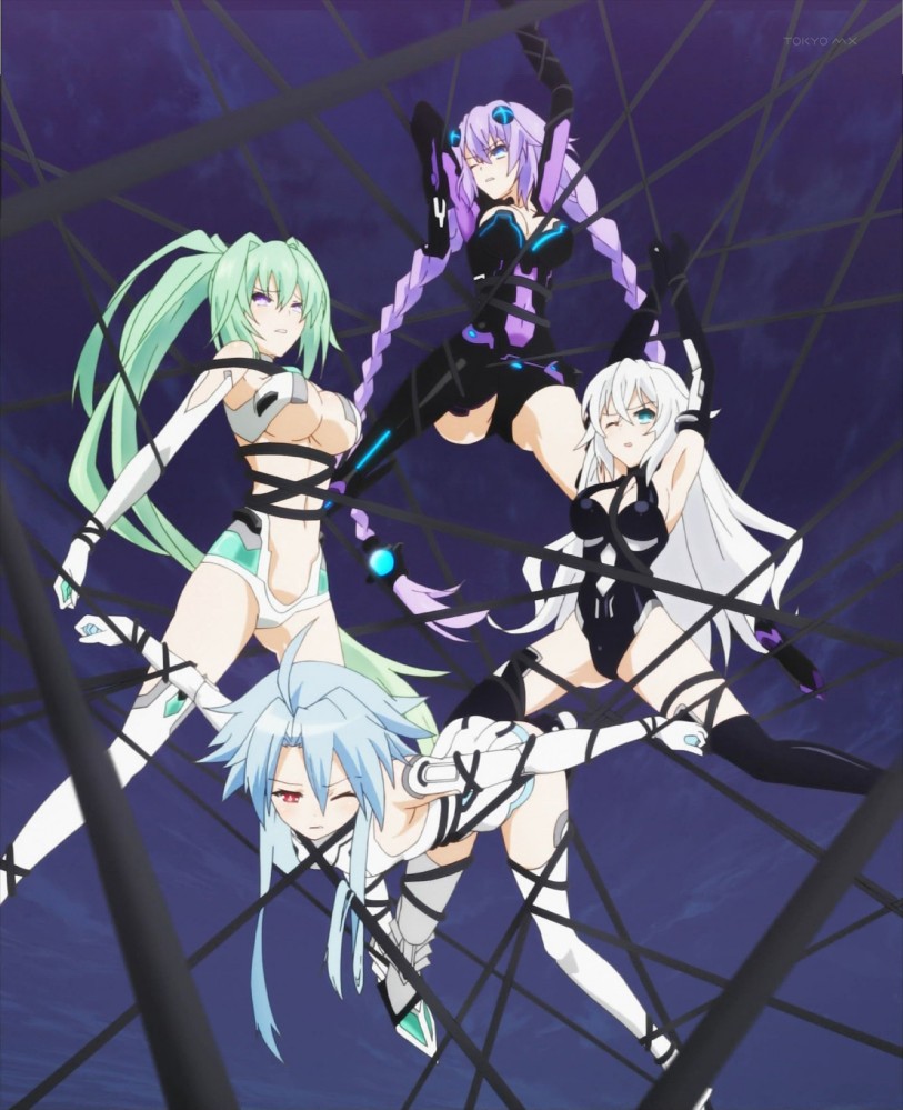 ahoge armpits arms_up ass bangs bare_shoulders bent_over black_gloves black_heart black_legwear blanc blue_eyes blue_hair blush bound braid breasts cable center_opening cleavage_cutout clenched_teeth covered_navel elbow_gloves flipped_hair full_body gloves glowing green_eyes green_hair green_heart hair_between_eyes hair_intakes halterneck high_ponytail large_breasts leotard long_hair looking_at_viewer looking_down magical_girl multiple_girls neon_trim neptune_(choujigen_game_neptune) neptune_(series) noire one_eye_closed outstretched_arms ponytail power_symbol purple_eyes purple_hair purple_heart raised_eyebrows red_eyes revealing_clothes screencap short_hair_with_long_locks small_breasts spread_arms spread_legs suspension symbol-shaped_pupils teeth thighhighs tied_up turtleneck twin_braids underboob vert very_long_hair watermark white_gloves white_hair white_heart white_legwear wince