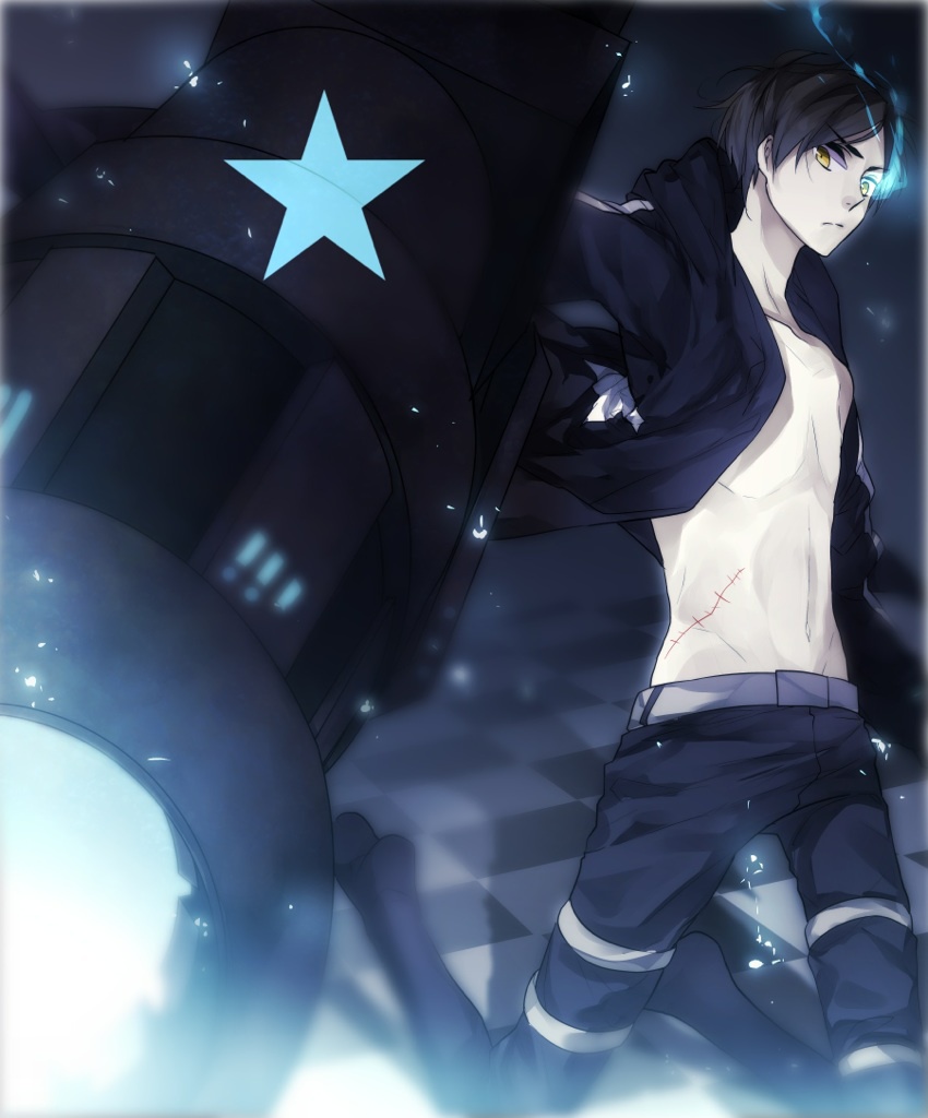 arm_cannon belt black_hair black_rock_shooter black_rock_shooter_(character) black_rock_shooter_(character)_(cosplay) checkered checkered_floor collarbone cosplay eren_yeager fire flame jacket male_focus midriff navel open_clothes open_jacket pants perspective rituiti scar serious shingeki_no_kyojin solo standing star stomach weapon yellow_eyes