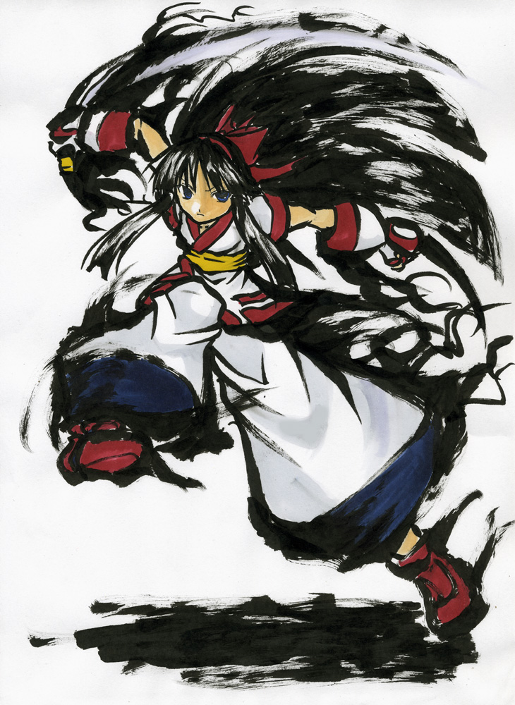 akenami_yasutaka black_hair blue_eyes bow gloves hair_bow hairband long_hair nakoruru red_bow samurai_spirits solo