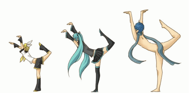 2girls animated animated_gif hatsune_miku kagamine_rin kaito multiple_girls naked_scarf nude pose scarf thighhighs twintails vocaloid waving