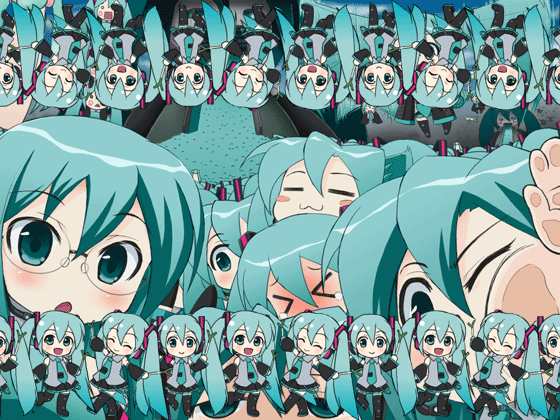 &gt;_&lt; :3 :d =_= against_glass animated animated_gif aqua_eyes aqua_hair bespectacled blush blush_stickers chibi closed_eyes dancing glasses hachune_miku hatsune_miku mameshiba multiple_girls multiple_persona open_mouth parody smile spring_onion thighhighs too_many twintails vocaloid
