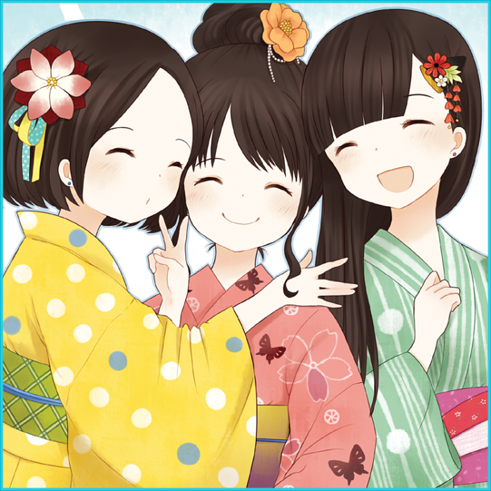 :d ^_^ animal_print ayu_(mog) a~chan bad_id bad_pixiv_id blush brown_hair butterfly_print closed_eyes flower girl_sandwich hair_bun hair_flower hair_ornament hair_up japanese_clothes kashiyuka kimono long_hair multiple_girls nocchi_(perfume) o3o obi open_mouth perfume polka_dot polka_dot_kimono sandwiched sash short_hair smile striped v yukata