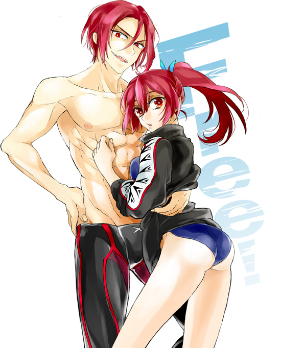 1girl abs bad_id bad_pixiv_id brother_and_sister competition_swimsuit free! fujino_ran jacket jammers long_hair matsuoka_gou matsuoka_rin one-piece_swimsuit ponytail red_eyes red_hair siblings swimsuit teeth