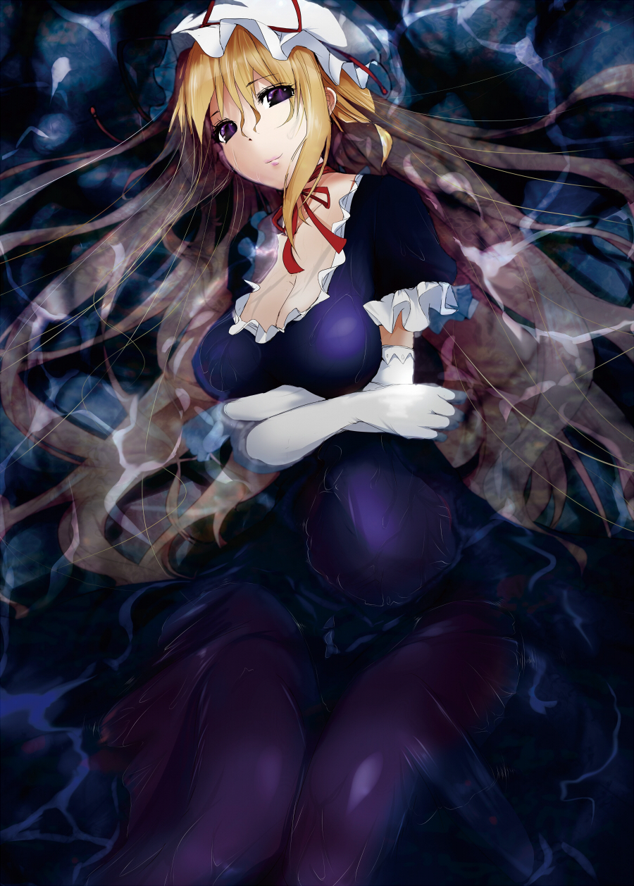 blonde_hair bonnet breasts cleavage dot_r elbow_gloves gloves highres hips large_breasts light_smile long_hair looking_at_viewer lying on_back purple_eyes solo touhou water wet wet_clothes white_gloves yakumo_yukari