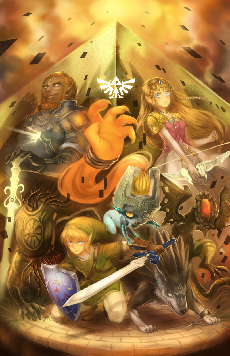 2girls armor beard blonde_hair blue_eyes bow_(weapon) brown_hair creature earrings facial_hair fwd ganondorf gerudo gloves hat helmet highres jewelry link link_(wolf) long_hair midna multiple_boys multiple_girls pointy_ears princess_zelda red_hair shield smile sword the_legend_of_zelda the_legend_of_zelda:_twilight_princess tiara triforce weapon yellow_eyes