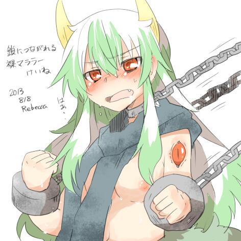 bad_id bad_twitter_id blush breasts chain chained cuffs dated ex-keine extra_eyes green_hair horns kamishirasawa_keine kamishirasawa_keine_(hakutaku) long_hair lowres multicolored_hair naked_scarf nipples nude open_mouth rebecca_(keinelove) red_eyes scarf signature simple_background small_breasts sweat tail touhou translated two-tone_hair upper_body white_background white_hair