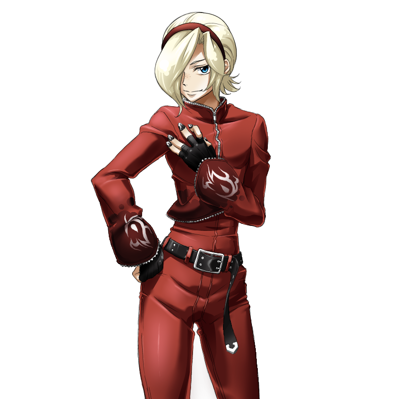 1boy ash_crimson belt black_gloves black_nails blonde_hair blue_eyes bodysuit closed_mouth commentary_request cowboy_shot gloves hairband hand_on_own_hip iwa-saka looking_at_viewer m.u.g.e.n male_focus red_bodysuit red_hairband red_vest short_hair simple_background solo the_king_of_fighters variant_set vest white_background