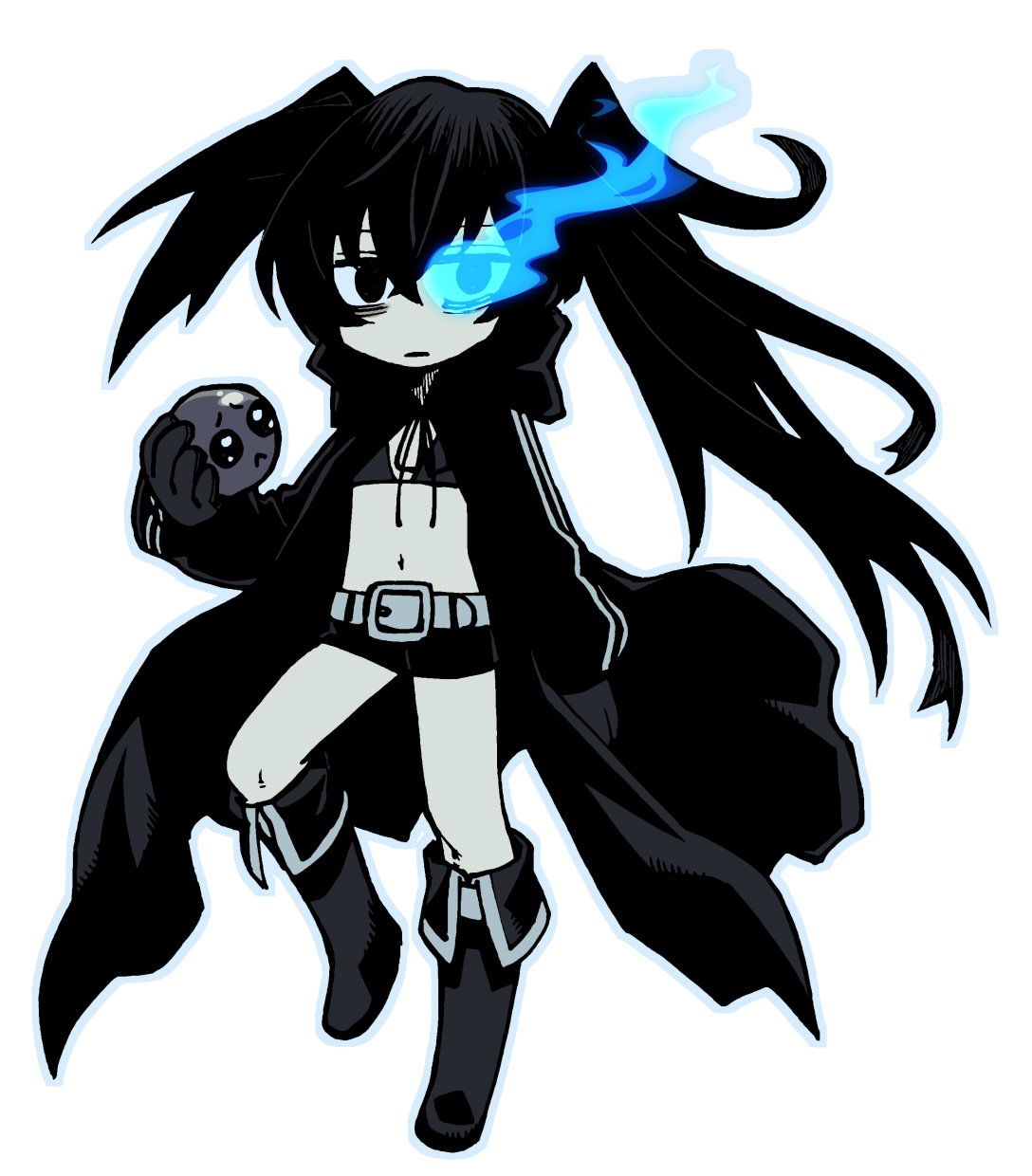 1boy bikini black_bikini black_coat black_footwear black_gloves black_rock_shooter black_rock_shooter_(character) black_rock_shooter_(character)_(cosplay) black_shorts boots coat cosplay crossdressing emoji gloves highres limbus_company long_hair long_sleeves pleading_face_emoji project_moon shorts solo swimsuit touma_rui very_long_hair yi_sang_(project_moon)