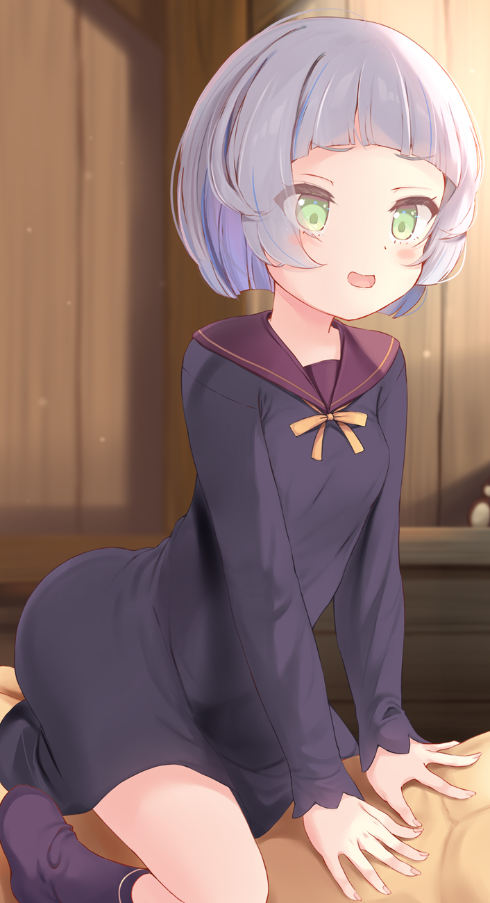 1boy 1girl blunt_bangs blurry blush breasts depth_of_field dress green_eyes highres indoors komone_ushio on_person open_mouth original purple_hair purple_serafuku purple_socks ribbon sailor_collar sailor_dress school_uniform serafuku short_hair sidelocks small_breasts smile socks uniform