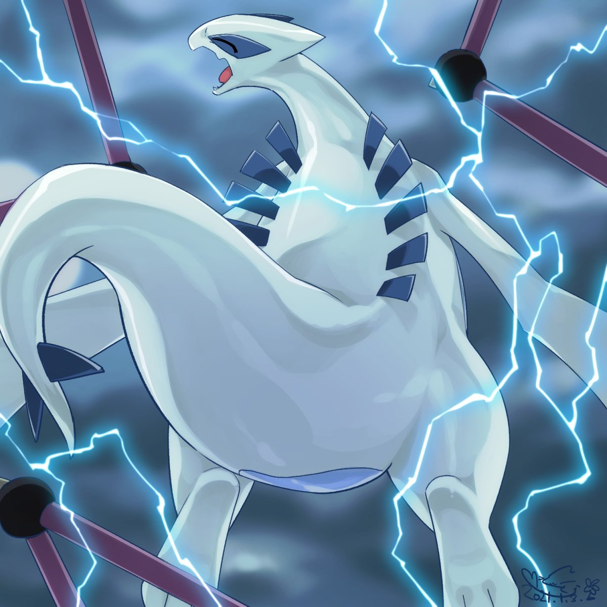 2021 abstract_background ambiguous_gender back_spines cotora electric_shock electricity eyes_closed featureless_crotch feral generation_2_pokemon hi_res legendary_pokemon long_neck lugia midair nintendo open_mouth pain pokemon pokemon_(species) pokemon_the_movie_2000:_the_power_of_one rear_view restrained solo spiked_tail spikes spikes_(anatomy) tail thick_tail thick_thighs