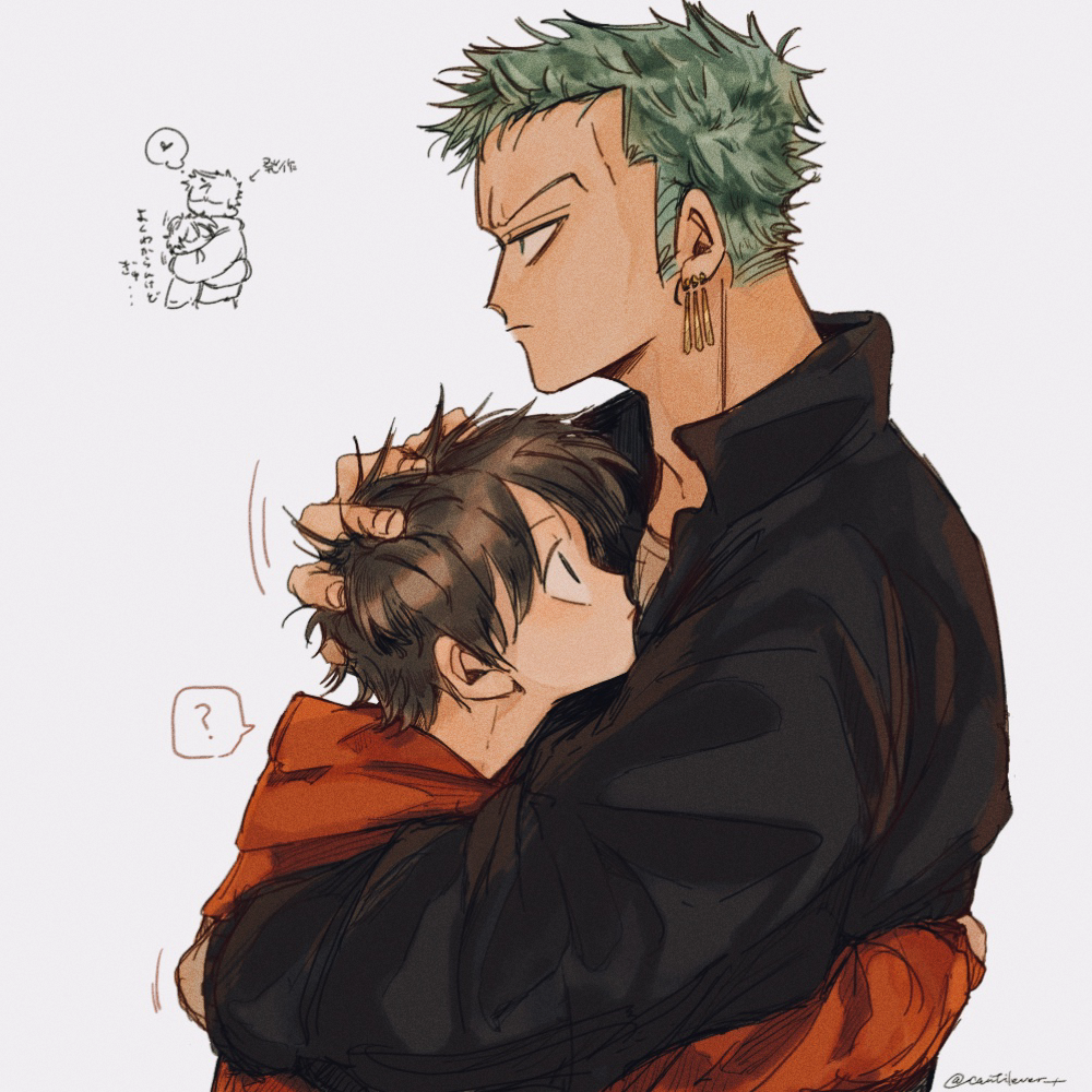 2boys ? arm_around_waist black_hair black_jacket chibi chibi_inset closed_mouth couple earrings face_to_pecs from_side green_hair grey_background hand_in_another's_hair hand_on_another's_head hands_on_another's_back heart height_difference hood hoodie hug jacket jewelry karakuni02 looking_ahead looking_at_another looking_up male_focus monkey_d._luffy multiple_boys one_piece orange_hoodie roronoa_zoro ruffling_hair sideburns simple_background single_earring speech_bubble spoken_question_mark thought_bubble translated upper_body yaoi