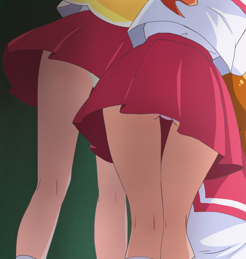 3girls arisugawa_himari ass blonde_hair brown_hair character_request from_behind haruyama_kazunori kirahoshi_ciel kirakira_precure_a_la_mode long_hair multiple_girls panties peeking_out pleated_skirt precure skirt underwear usami_ichika white_panties