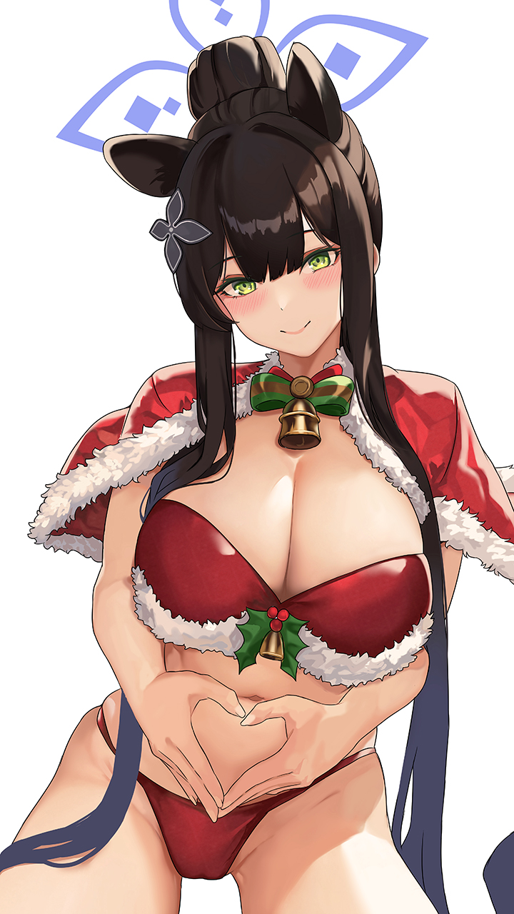 1girl animal_ears bad_anatomy bell bikini black_hair blue_archive blue_halo blush breasts capelet cleavage closed_mouth fur-trimmed_capelet fur_trim green_eyes halo highres jamgom large_breasts long_hair navel red_capelet santa_bikini shun_(blue_archive) simple_background smile solo swimsuit white_background