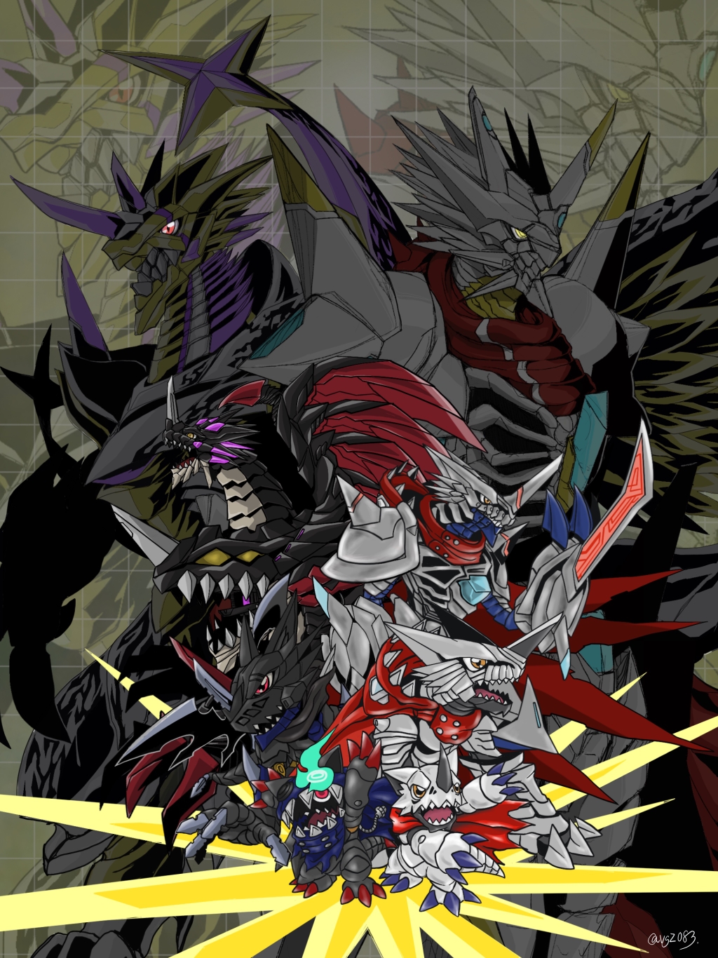 2boys appmon arm_blade armor baohackmon belt blue_fire cape claws crossover digimon digimon_(creature) digimon_universe:_appli_monsters dragon evolution evolutionary_line facing_viewer fire hackmon hackmon_(appmon) hadesmon highres hood hood_up horns horns_through_hood jesmon logo mecha multiple_belts multiple_boys multiple_views name_connection open_mouth raidramon red_belt red_cape red_eyes red_hood revivemon robot saviorhackmon scarf sharp_teeth shoulder_spikes siblings skeleton spikes standing sword teeth twitter_username vgz083 weapon zoom_layer