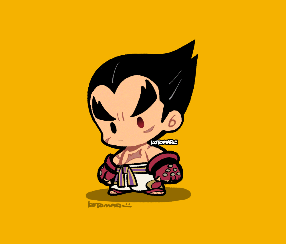 1boy arms_at_sides barefoot belt black_eyes black_hair chibi closed_mouth fingerless_gloves gloves kotorai male_focus mishima_kazuya no_nose pants red_eyes red_gloves scar scar_on_arm scar_on_chest scar_on_face signature solo standing studded_gloves tekken thick_eyebrows topless_male white_pants yellow_background