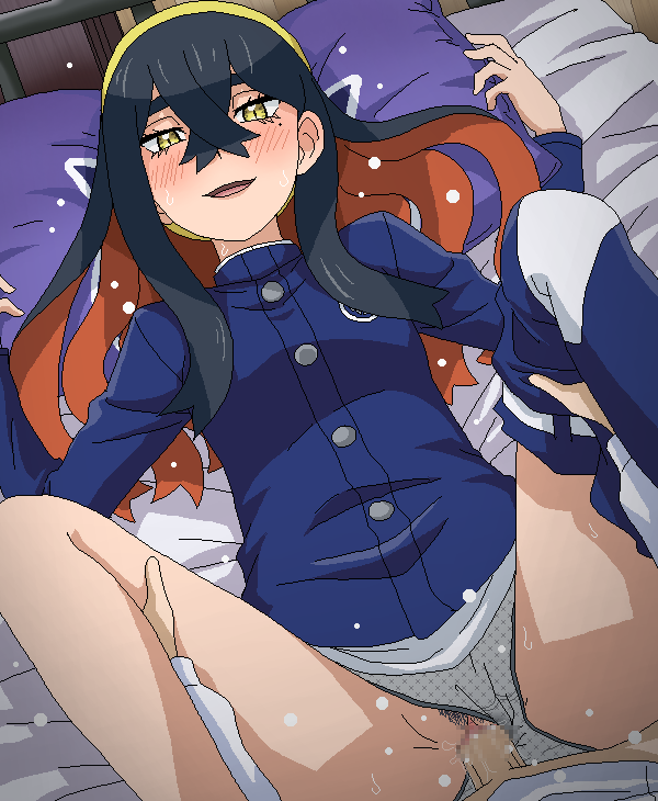 1boy 1girl black_hair blue_jacket blush buttons carmine_(pokemon) censored clothed_sex clothing_aside commentary_request eyelashes female_pubic_hair hair_between_eyes hairband hands_up hetero holding_another's_leg indoors jacket long_hair long_sleeves looking_at_viewer mosaic_censoring multicolored_hair on_bed open_mouth panties panties_aside pants_around_one_leg penis pillow pokemon pokemon_sv pubic_hair pussy sex smile tomu_(tomubobu) two-tone_hair underwear vaginal yellow_eyes yellow_hairband