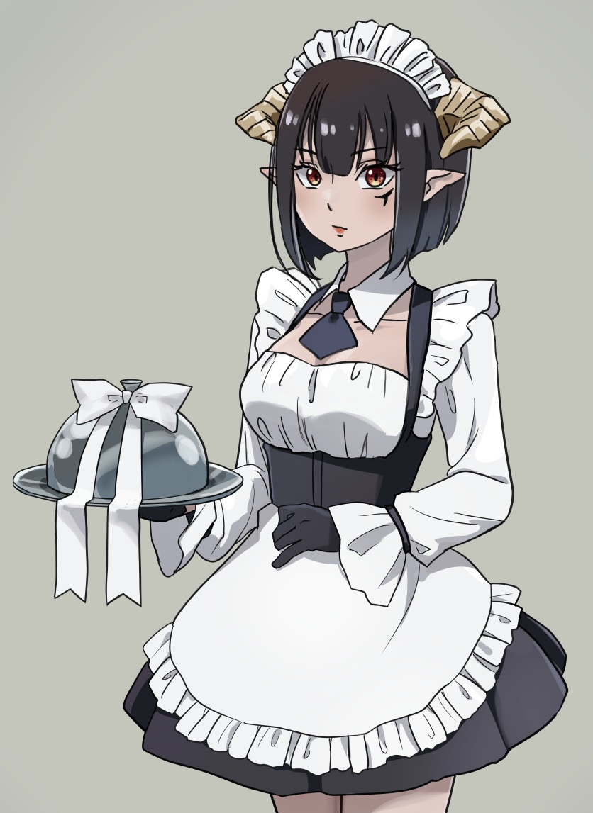 1girl apron black_dress black_gloves black_hair bow breasts brown_eyes cleavage dress gloves hime-sama_"goumon"_no_jikan_desu holding holding_tray horns looking_at_viewer maid maid_apron maid_headdress medium_breasts paramisan pointy_ears short_hair simple_background solo standing torture_(hime-sama_"goumon"_no_jikan_desu) tray white_bow yellow_horns