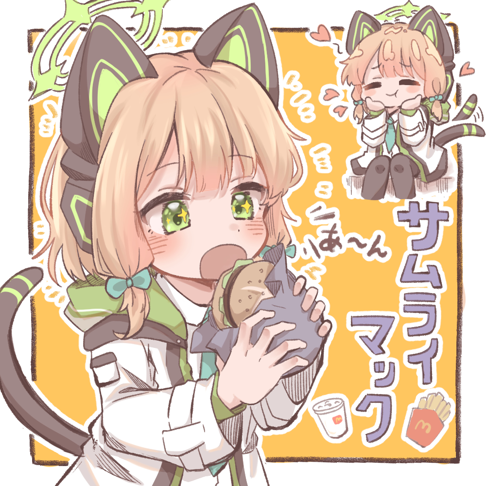 1girl animal_ear_headphones animal_ears blonde_hair blue_archive blue_necktie blush border bow burger cat_ear_headphones cat_tail chewing closed_eyes collared_shirt drink eating fake_animal_ears food french_fries green_eyes hair_bow halo hands_on_own_face headphones holding holding_food hood hooded_jacket imminent_bite jacket long_sleeves loving_aura mcdonald's midori_(blue_archive) multicolored_clothes multicolored_jacket multiple_views necktie open_clothes open_jacket open_mouth shirt short_hair simple_background sitting smile sorap_128 standing tail thighhighs translated white_border wrapper